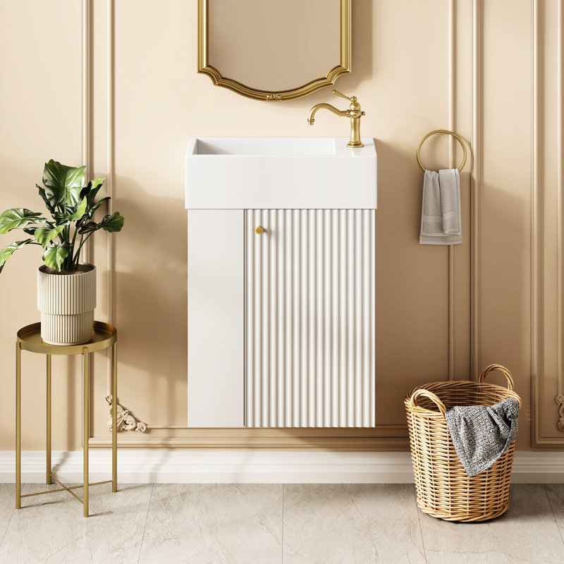 Meuble-lavabo 18,5 po avec lavabo en résine, rangement intelligent, poignées en alliage de zinc, charnières à fermeture en douceur sous le lavabo,