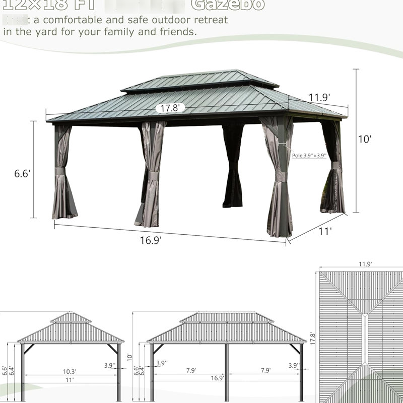 Pavillon de jardin 12 pi x 18 pi avec auvent en acier galvanisé et métal en aluminium - pour patio, cour, terrasse, cadre gris de 12 pi x 18 pi