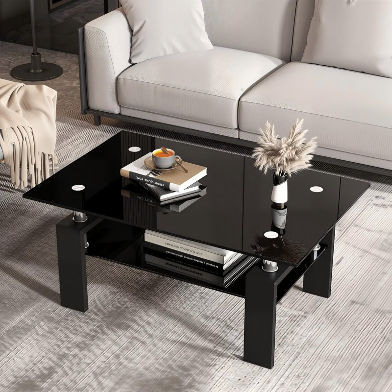 Nansi Glass Coffee Table, Living Room Table and Center table with 2-Tier Storage Shelves, Modern Design with Metal Legs
