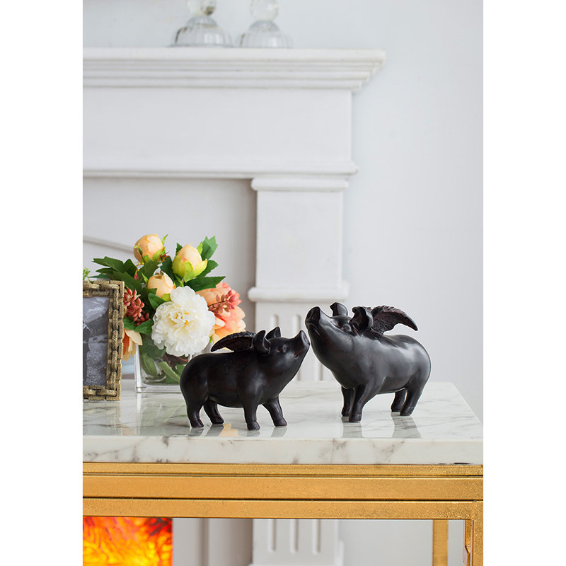 Flying Pig Sculptural Accent Set of 2 7" x 3" x 5.5" Black
