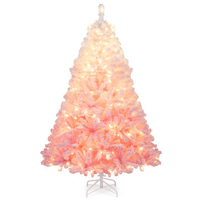 6 FT Artificial Christmas Tree with 250 Warm White LED Lights, 8 Lighting Modes & Folding Metal Stand White & Pink