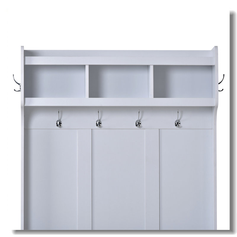 White Solid Wood Hall Tree with Storage and Hooks