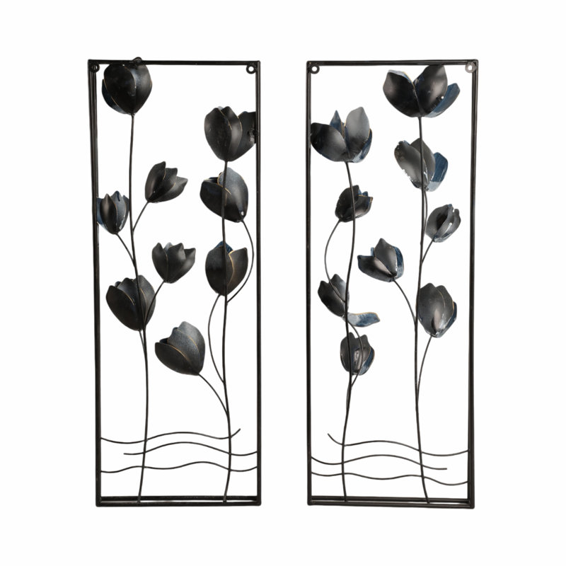 Lark Manor™ Blooming Flowers Metal Wall Panels Set Of 2, Iron Blue, 32 Inch, Perfect Home Decor For Any Room