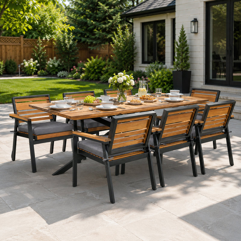 Ensemble de salle à manger de patio en bois d'acacia pour 6 personnes avec chaises rembourrées