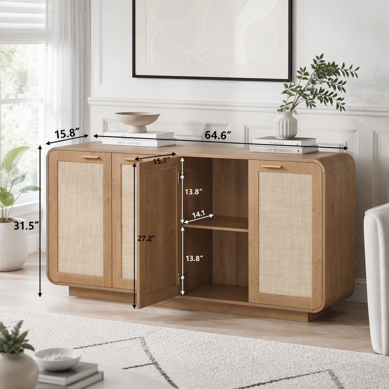 Buffet en rotin à 4 portes avec rangement, Natural