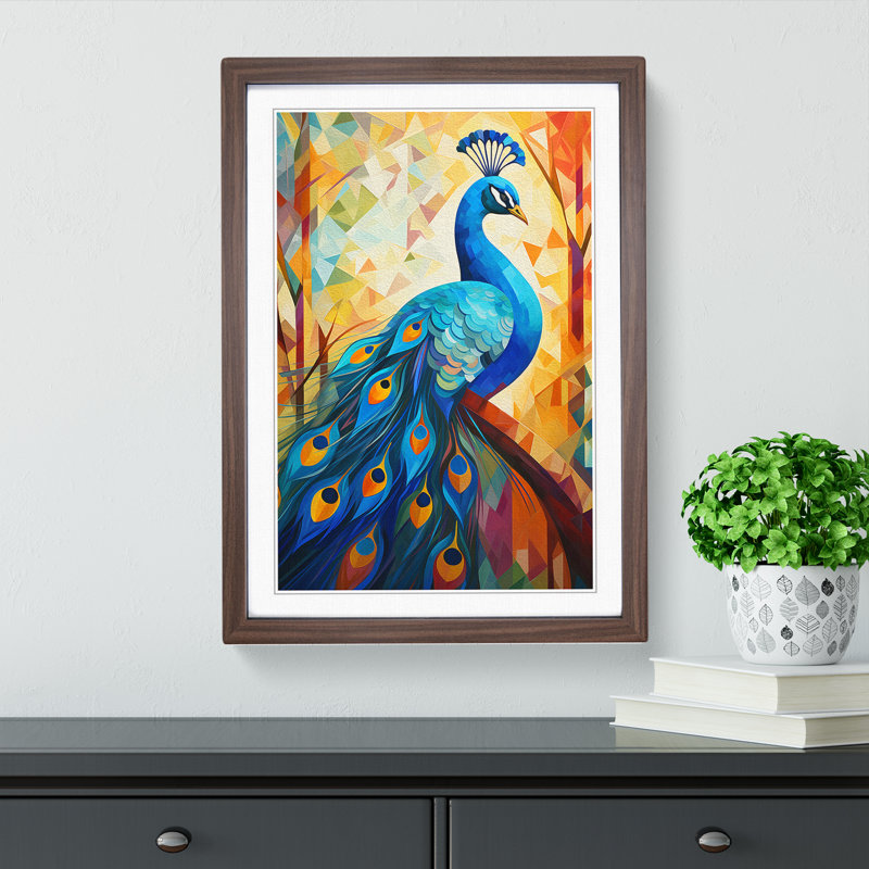 Peacock Cubism - Single Picture Frame Print on Wood, Walnut Framed, 46cm H x 34cm W