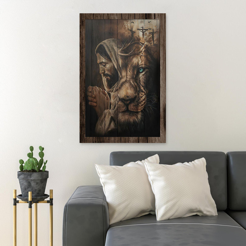 «Jesus Praying And Lion», œuvre d'art graphique sur toile tendue, H 20 po x l 16 po x P 2 po
