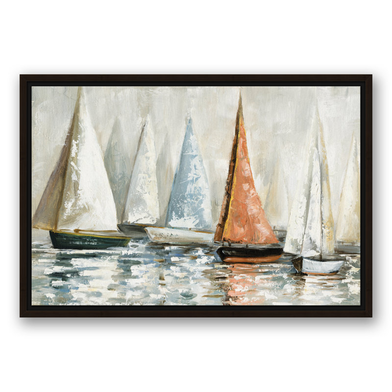 Voiliers en sourdine sur l'eau - peinture sur toile, H 17,75 po x l 25,75 po x P 1,75 po, Toile brune avec cadre flottant