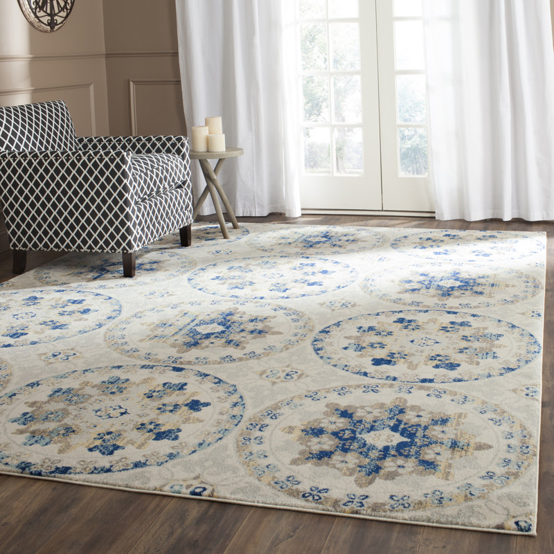 Ivory and Blue Geometric Synthetic Easy Care Rug