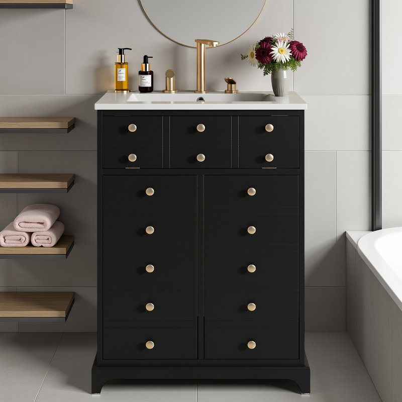 Black 24" Bathroom Vanity with Ceramic Sink, Tip-Out Drawer, and Soft-Close Doors