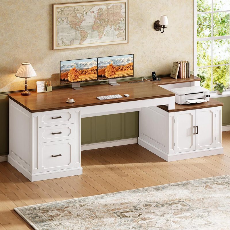  Elja Farmhouse 70.9" Executive Desk, Home Office Desk with File Drawers, White