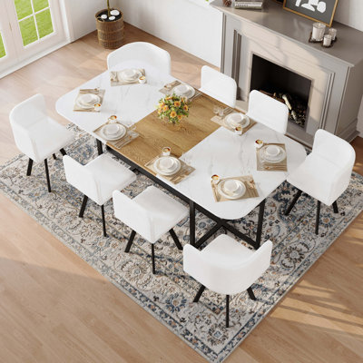 Ensemble de table de salle à manger 9 pièces 9 pièces, plateau de table fixe en grain de bois bicolore et triamine de grain de bois noir avec 8 chaises en similicuir noir, ensemble de table de cuisine moderne pour 8 personnes, idéal pour les réunions de famille