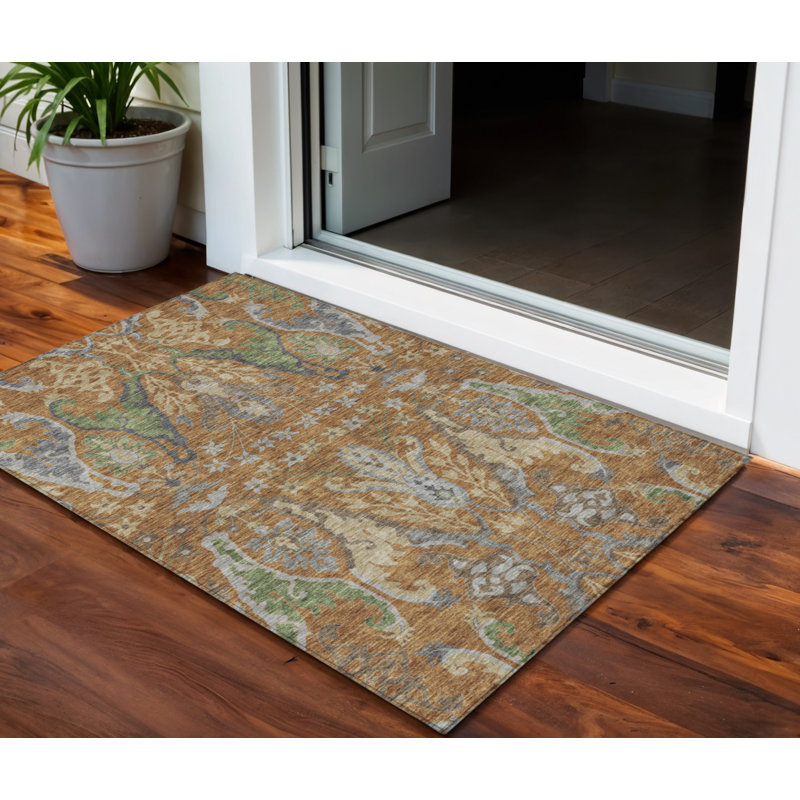 Tapis extérieur lavable floral vert cuivré et beige 3 pi x 5 pi
