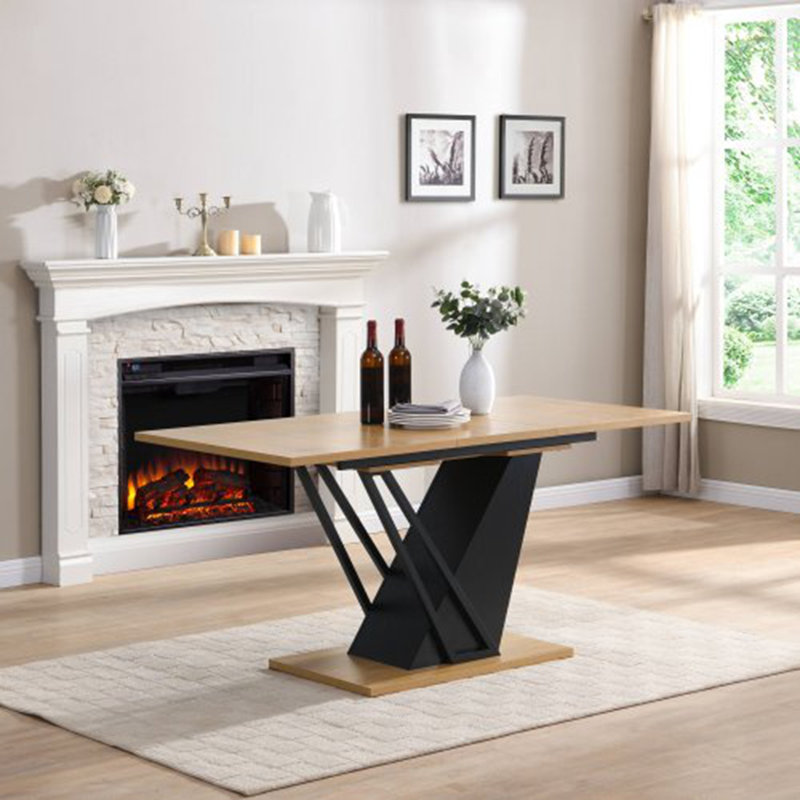 Table de salle à manger extensible, table rectangulaire géométrique moderne avec structure en métal robuste et base en panneau de fibres à densité moyenne, plateau de table réglable en bois pour la cuisine, la salle à manger et les espaces de bure