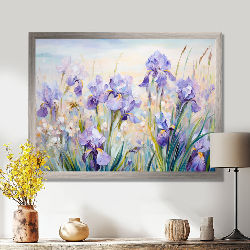 Purple Irises Country Charm - Flowers Wall Art, 24" H x 32" W x 1" D, Silver Single Picture Framed