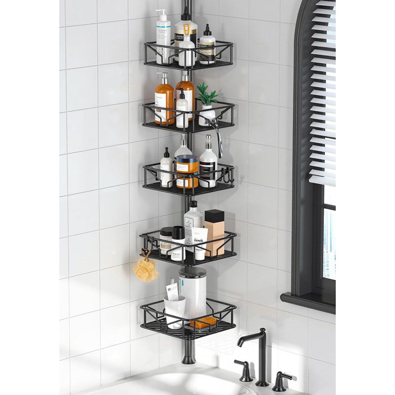 Adjustable Five-Tier Corner Shower Shelf With Hooks And Rust-Proof Pull-Out Brackets, 62-113 Inch Storage Rack
