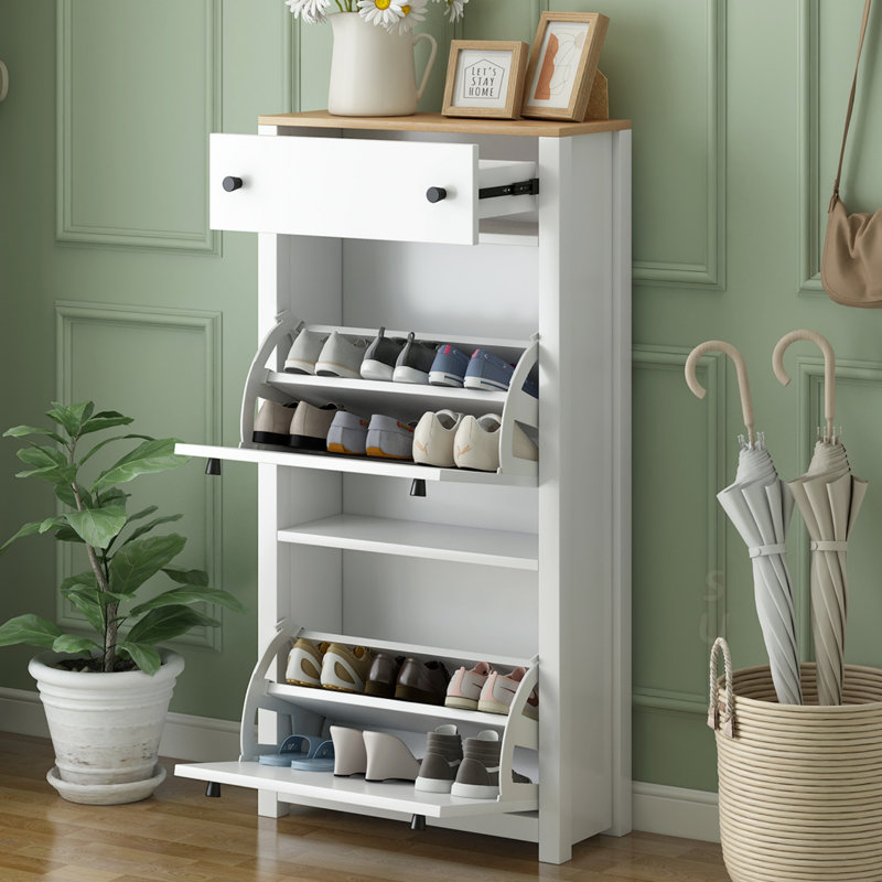 Rangement fonctionnel pour hall d'entrée avec 2 tiroirs rabattables, armoire à chaussures à dessus en grain de bois pour un rangement et une organisation efficaces