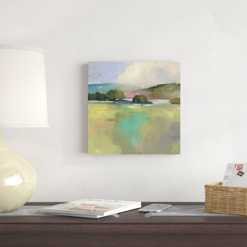 «Distant Lake» par Julia Purinton - peinture sur toile tendue, H 12 po x l 12 po