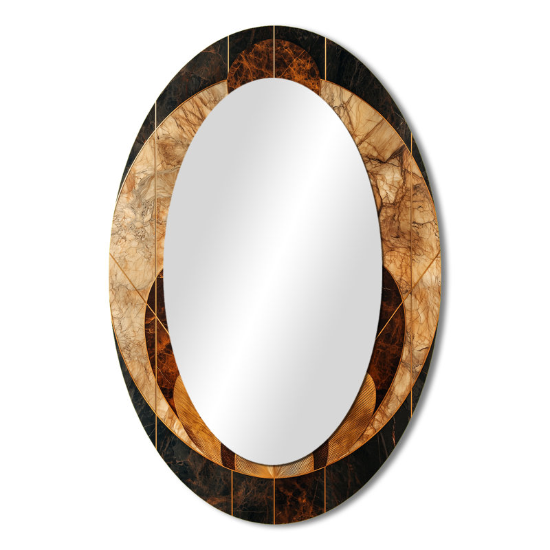 Mosaique noyer Essential Forms III - Grand miroir mural ovale sur métal, 36 po x 24 po