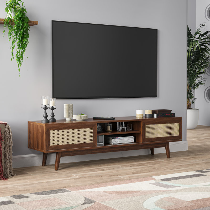 Meuble télé Mid-Century moderne avec portes coulissantes, Noir noyer, 65"