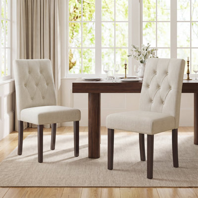 Parsons Tufted Dining Chairs, Diamond Button High Back Fabric Cushion, Solid Rubberwood Legs