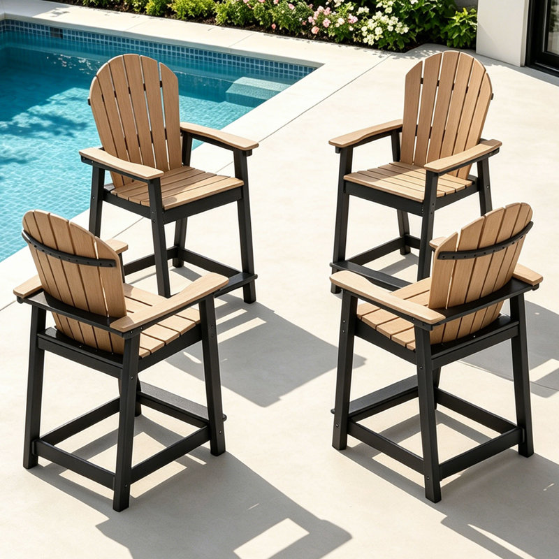 Outdoor HDPE Adirondack Chair Set of 4, Patio Bar Stools, Brown/Black