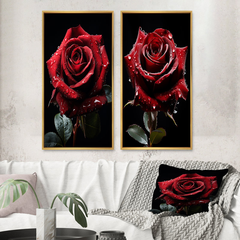 «Red Black Rose Elegance» - 2 pièces sur, Encadrement doré, H 20 po x l 24 po