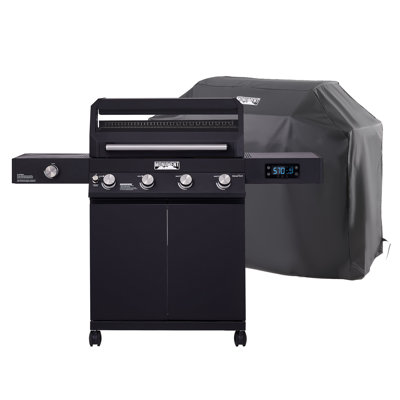 Monument Grills Denali 425 4-Burner Black Propane Gas Grill with ClearView Lid, Side Burner, Bluetooth App Control & LED Display – Ideal for Family BBQ With cover
