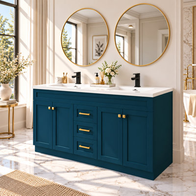 Meuble-lavabo double 60 po bleu avec plateau en résine intégré et assemblage rapide