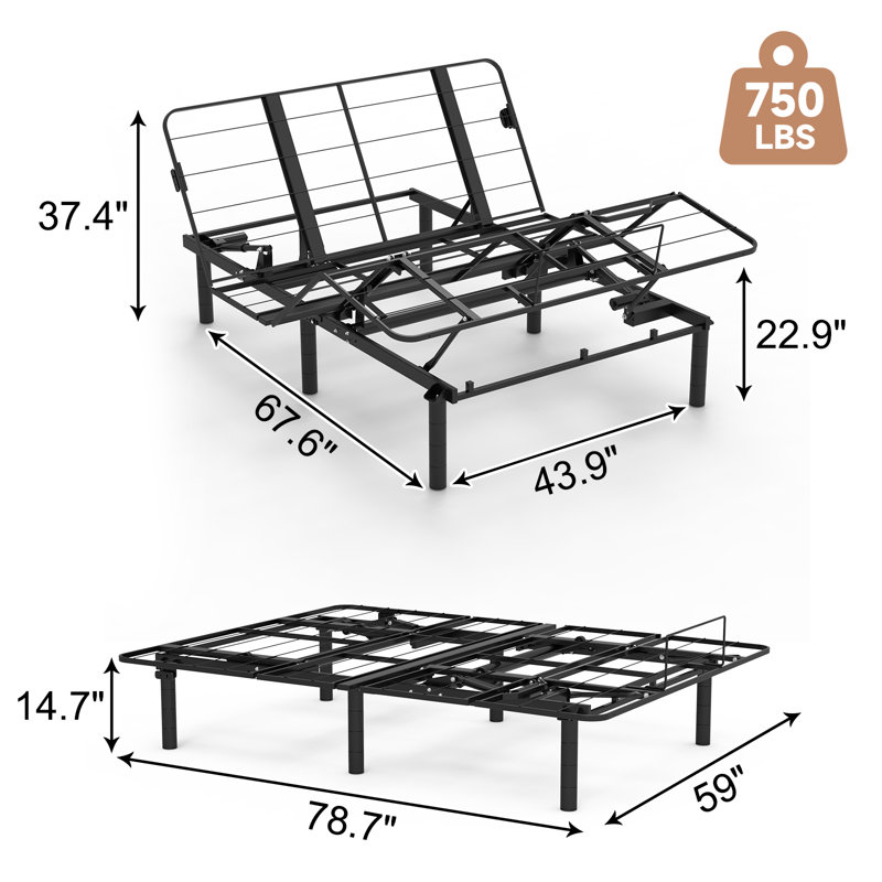 Base de lit réglable à dégagement zéro avec tête et pied de lit inclinable à moteur pour grand lit, gravité zéro, deux ports USB A + C