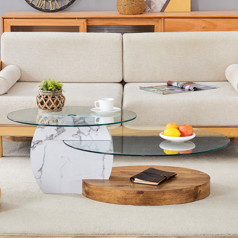 Table basse contemporaine à double couche artistique - marbre blanc et collage de grain de bois, plusieurs couleurs disponibles. Autocollant de panneau de densité, verre renforcé. W1151P233589