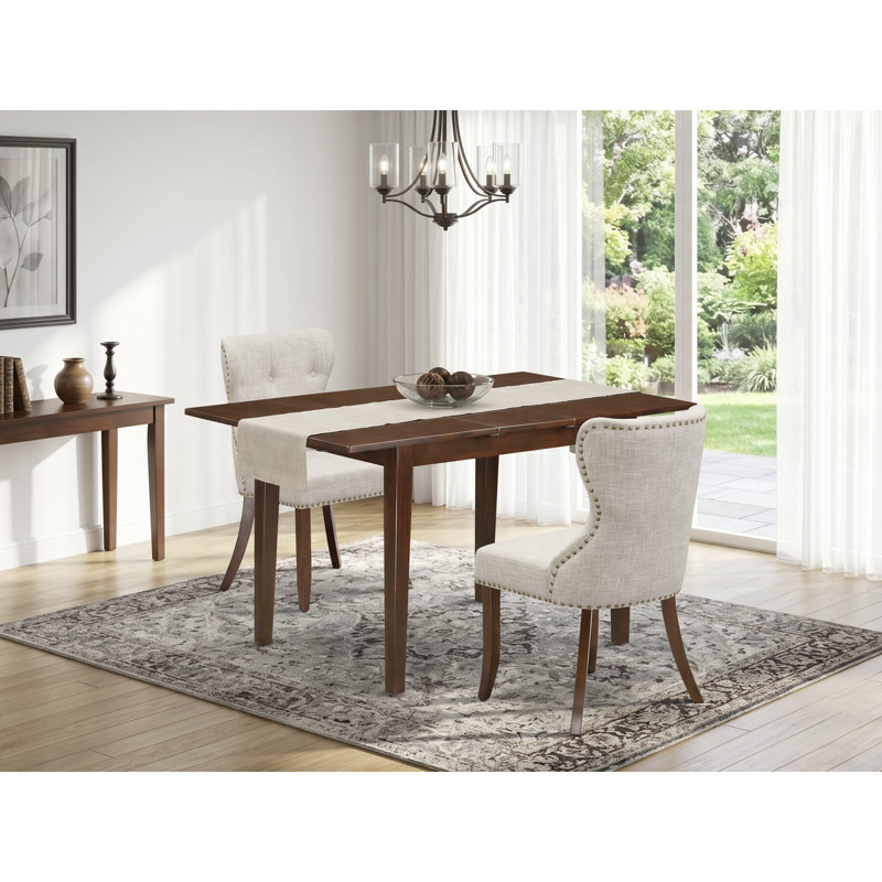 3 Piece Set Contains a Rectangle Dining Room Table with Butterfly Leaf and 2 Doeskin Linen Fabric Upholstered Parson Chairs, Mahogany