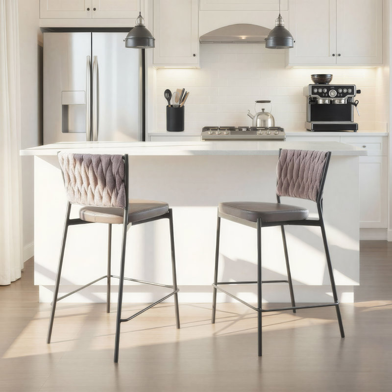  Benley Braided Fixed-Height Counter Stools, Light Brown/Gray