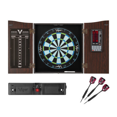 Viper Vault Deluxe Dartboard Cabinet with Integrated Pro Score, Chroma Bristle Dartboard, Laser Throw Line, and Black Mariah Darts Set (Wayfair Exclusive) - Walnut