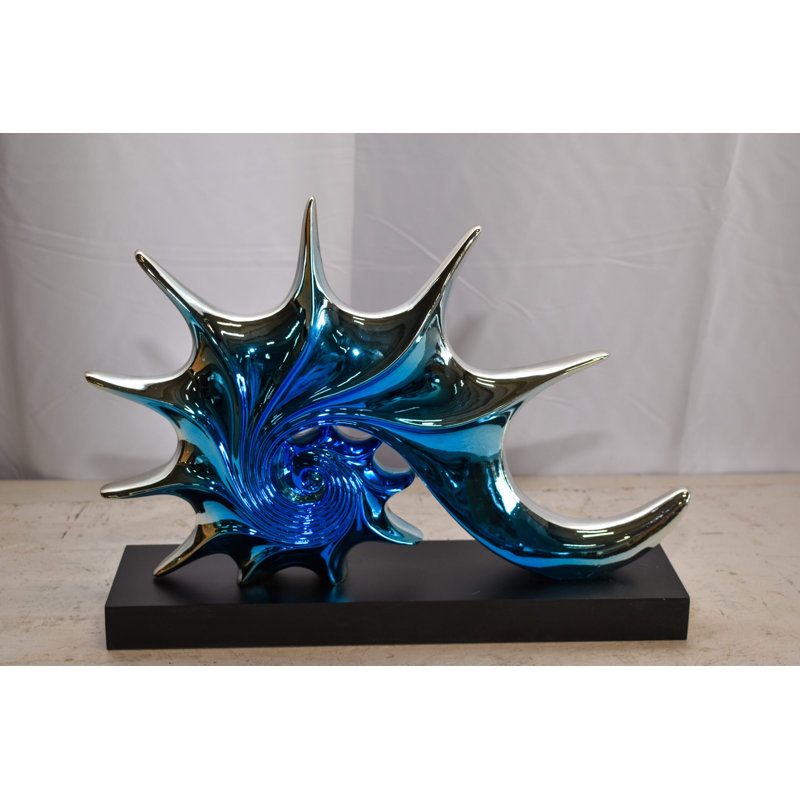 Statue abstraite et géométrique en résine d'oursin chromé sur base noire Blakelee 17 po x 4 po x H 12 po, Bleu varié