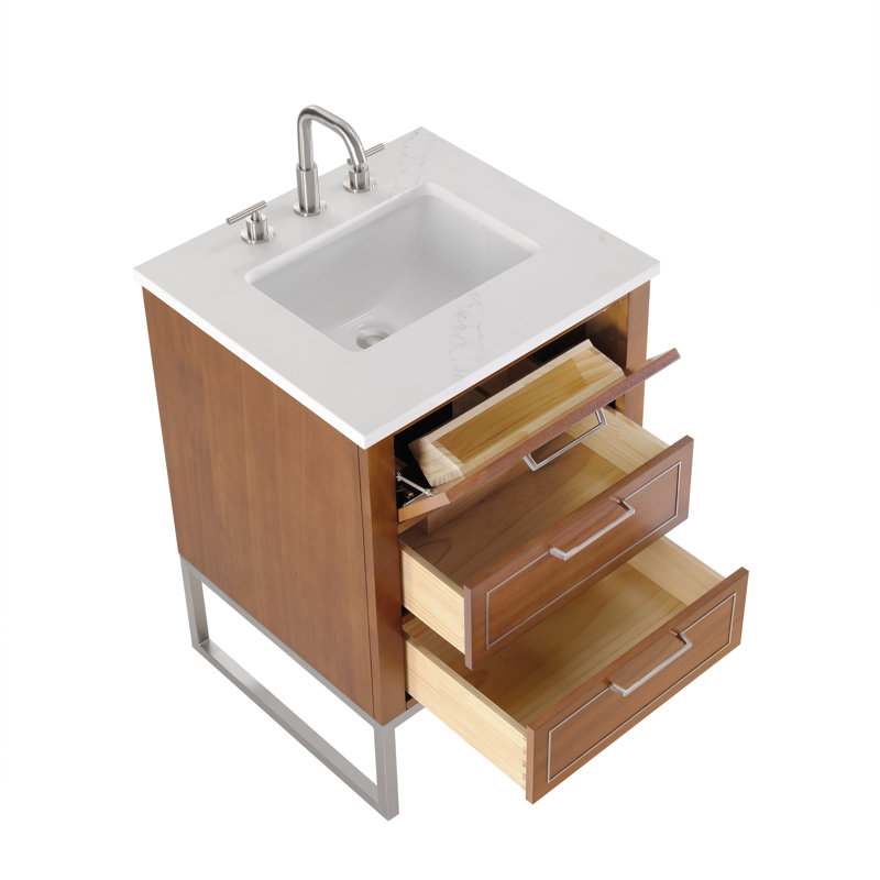 Markham 24'' W Single Vanity, Universal Calacatta Quartz, Brushed Nickel, Walnut