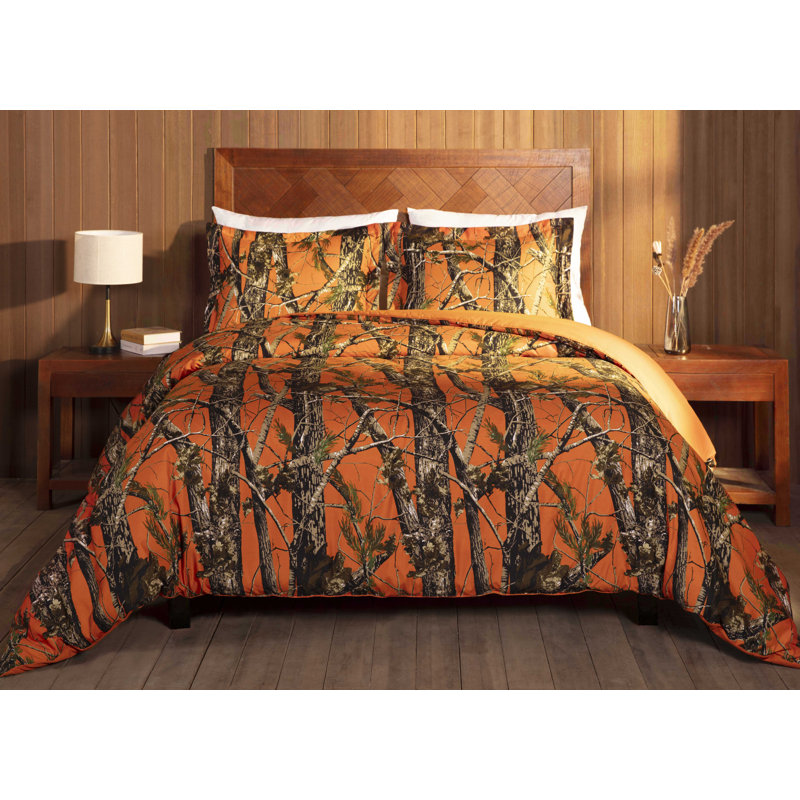 Nature Forest Woods Camouflage Comforter Set Cabin Lodge Bedding Set, Full Comforter  + 2 Standard Shams, Orange