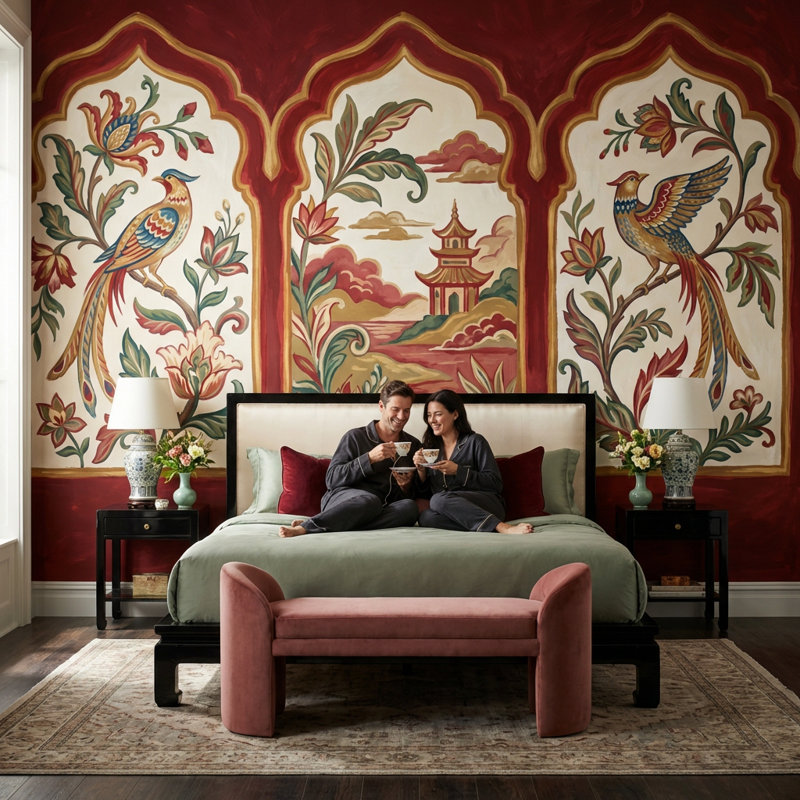 Décoration murale amovible de style chinois à panneaux arqués Chinoiserie, Texturé non collé, 140 po x 108 po