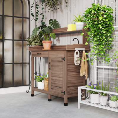 Potting Bench Table with Sink, Outdoor Work Bench Table with Storage Cabinet, Hooks, Removable Sink, Faucet and Drawer for Greenhouse, Garden, Patio, Wood