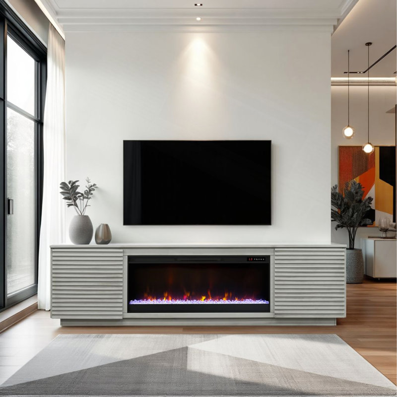 Stella Solid Wood TV Stand with Electric Fireplace for TVs , Gray, 25" H x 89" W x 18" D