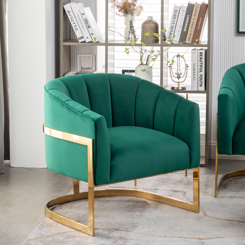 Romy 30" W Tufted Upholstered Barrel Chair, Green Velvet