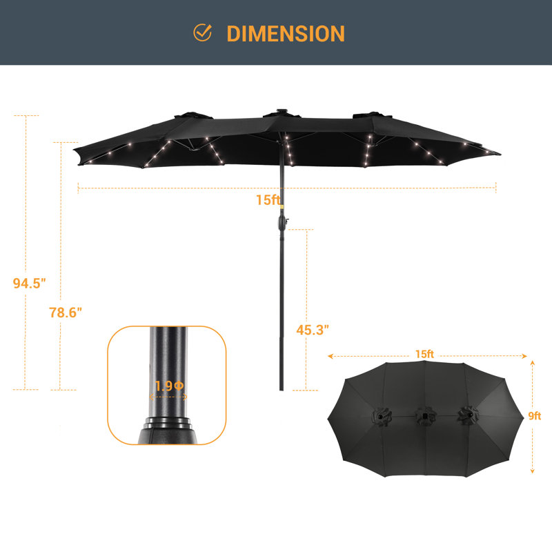 Parasol de marché rectangulaire 15 pi x 9 pi avec lumières DEL Sadeen, Noir