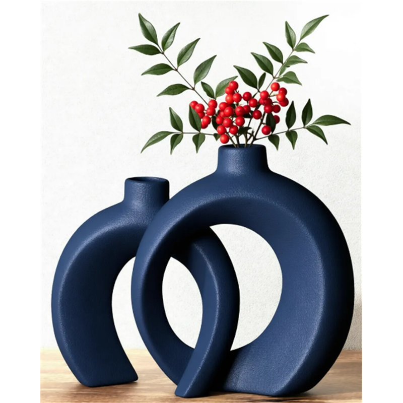 Blue Vase Set Of 2 - Donut Navy Vases Home Decor, Modern Coastal Decor - Decorative Vase, Ceramic Decorations For Living Room Coffee Table Bookshelf Shelf Console Mantle (Matte Navy Blue)