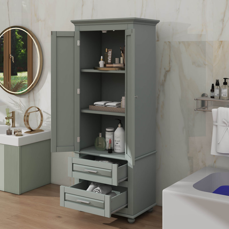 High Storage Cabinet Featuring Two Handy Drawers, Gray