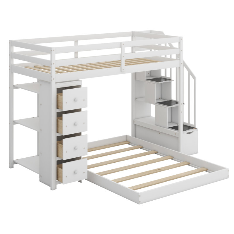 Lit superposé avec tablettes à 3 niveaux, tiroirs et escalier de rangement, Blanc