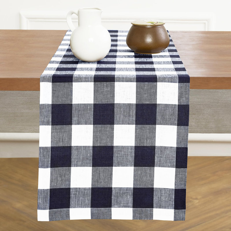Buffalo Check - 100% Pure Linen Table Runner, 72" x 14", Navy/White