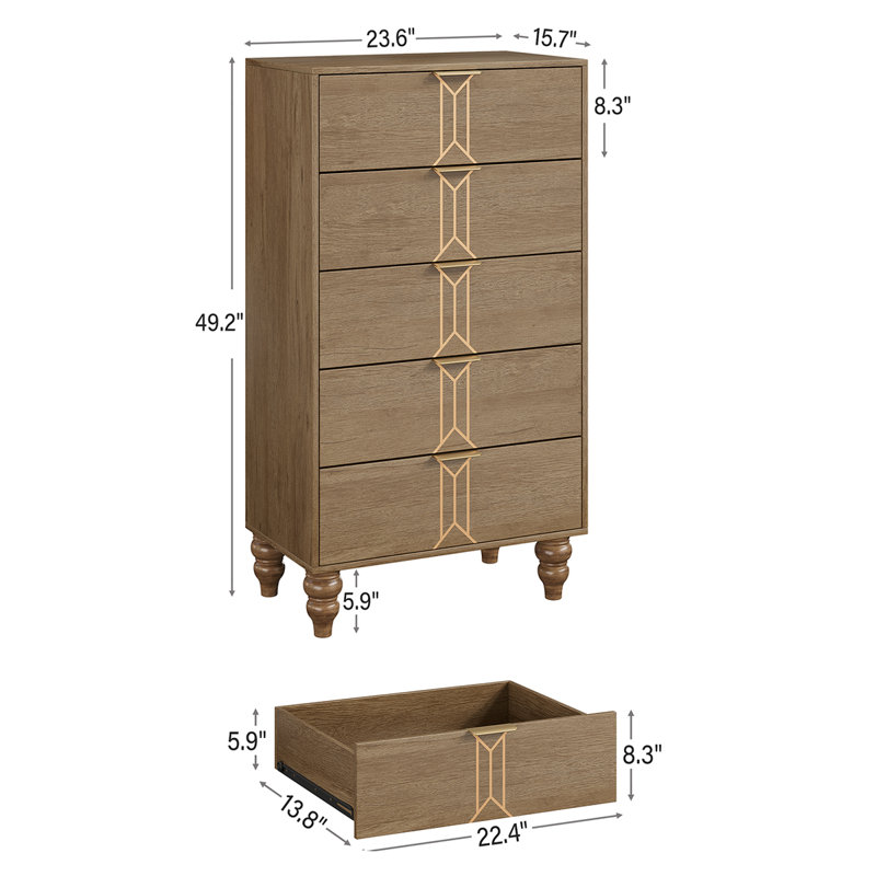 Commode haute 5 tiroirs en bois, Jaune