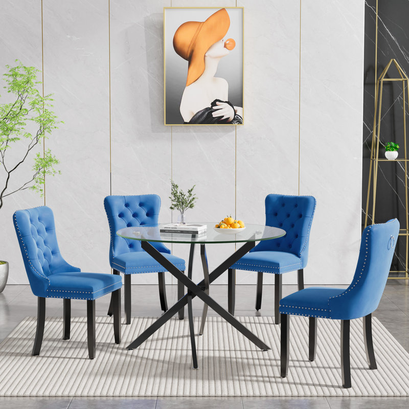 36" Glass Dining Room Table Set for 4, 5-Piece Round Black Dining Table with Metal Legs,  4pcs Velvet Upholstered Chairs with Wood Legs, Glass Kitchen Table and Chairs Set
