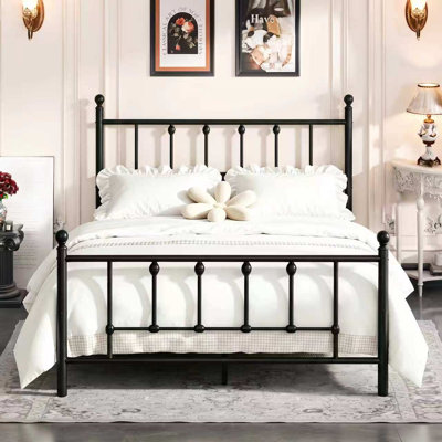 Full 14 Inch Victorian Vintage Metal Platform Bed Frame, Headboard Footboard, Underbed Storage, Black - No Box Spring Needed