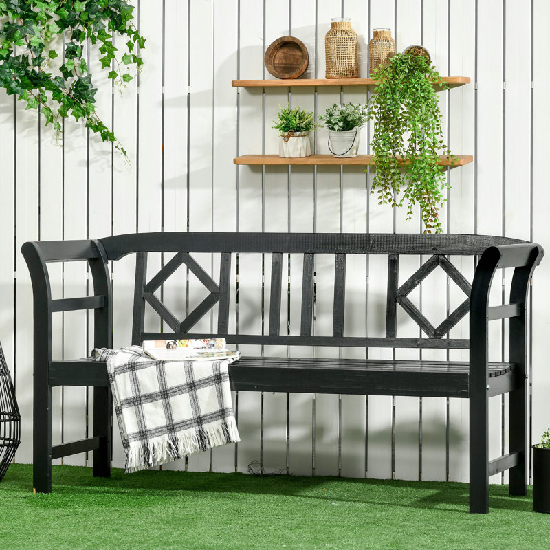 Banc de patio en bois, banc de jardin extérieur avec dossier et accoudoirs, banc de véranda pour 3 personnes avec motif rustique à losanges